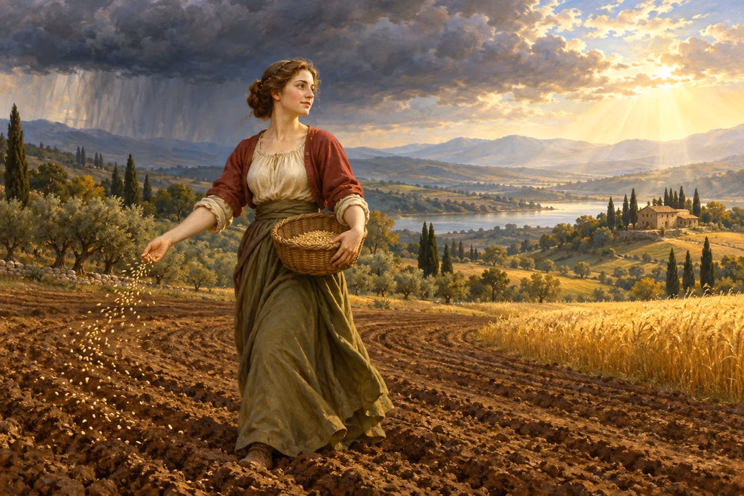 A woman continues sowing through changing weather, with a golden harvest beneath sunlit skies beyond.