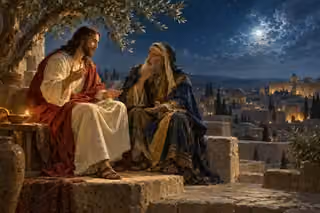 Jesus explains spiritual rebirth to Nicodemus on a moonlit rooftop.