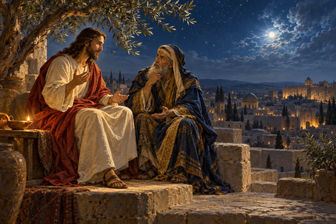 Jesus explains spiritual rebirth to Nicodemus on a moonlit rooftop.