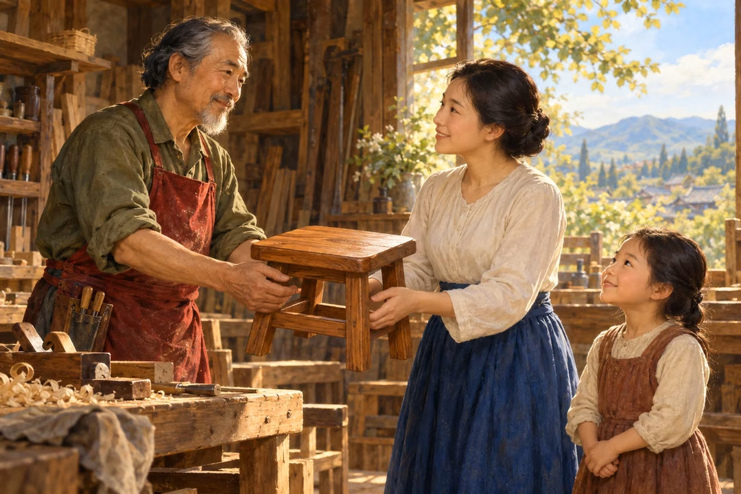 An East Asian craftsman fulfills a promise by giving a repaired stool to a mother and child.