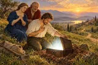 A kneeling man joyfully opens a buried chest filled with white light while a woman and an older man look on in a sunrise field.