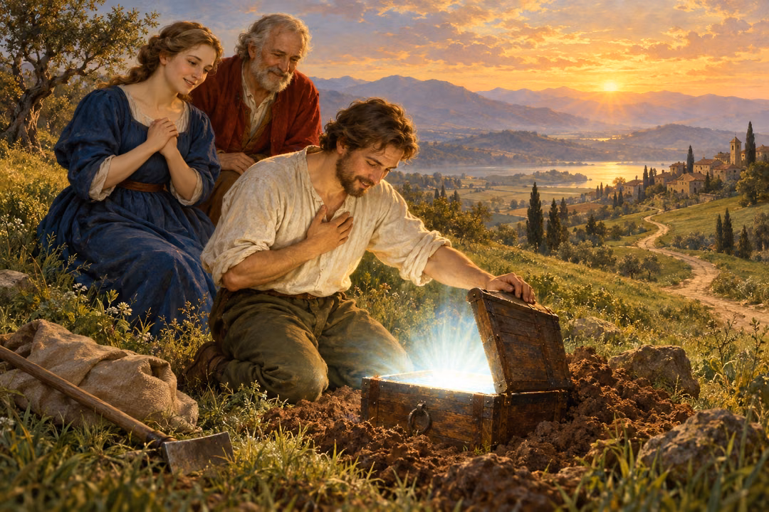 A kneeling man joyfully opens a buried chest filled with white light while a woman and an older man look on in a sunrise field.