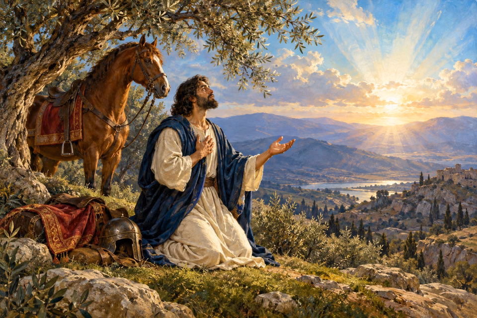 A traveler kneels in prayer beneath an olive tree beside his horse and discarded helmet, facing a luminous dawn over the hills.