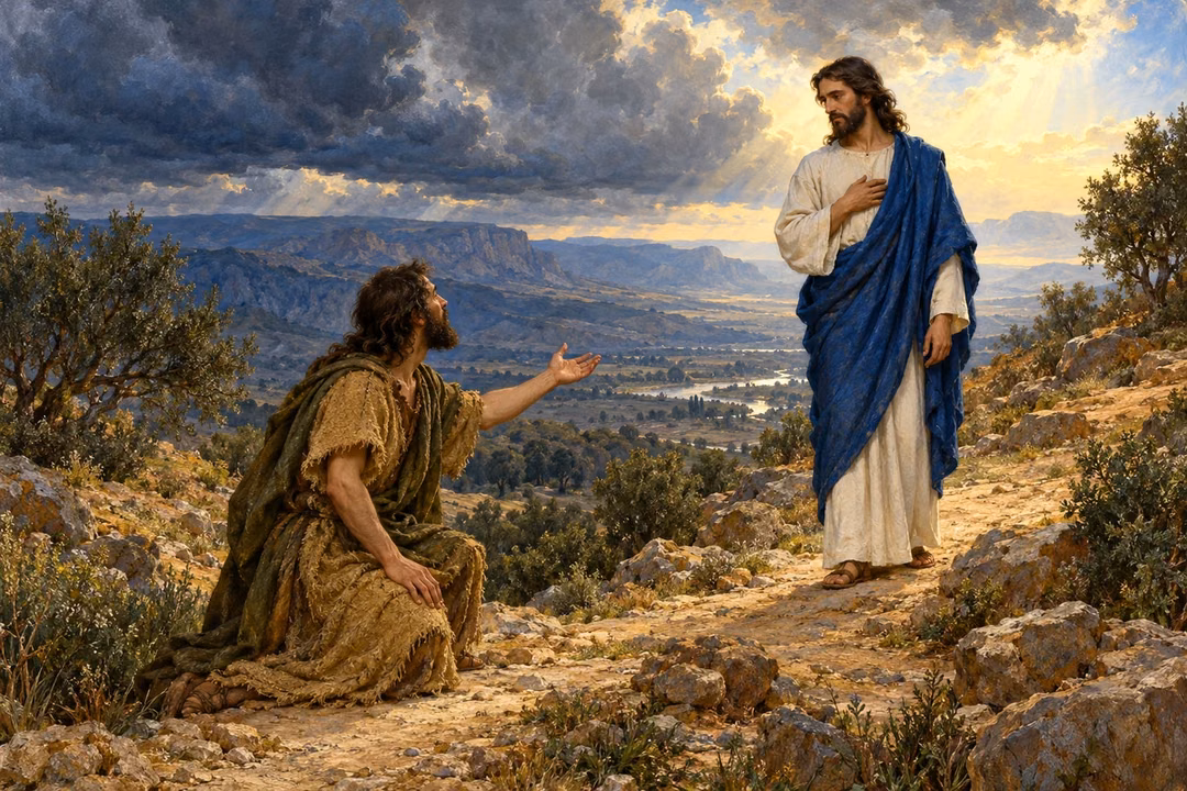John the Baptist kneels on a rocky path and gestures toward Jesus, who stands in ivory and blue above the distant river valley.