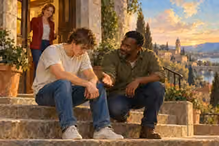 A man offers a gentle open hand to a downcast young man on stone steps while a woman welcomes them through an open doorway.