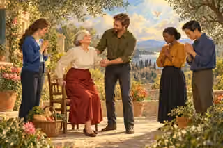 An elderly woman rises from a garden chair with her son's support as three friends pray nearby; a basket of food and a dove accompany the sunlit scene.