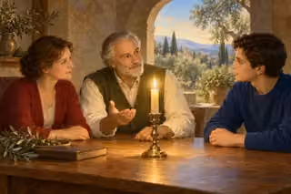 Three friends share attentive fellowship around a raised candle in a quiet room.