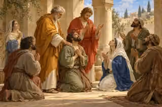 Peter and John pray with Samaritan believers gathered in a sunlit courtyard.