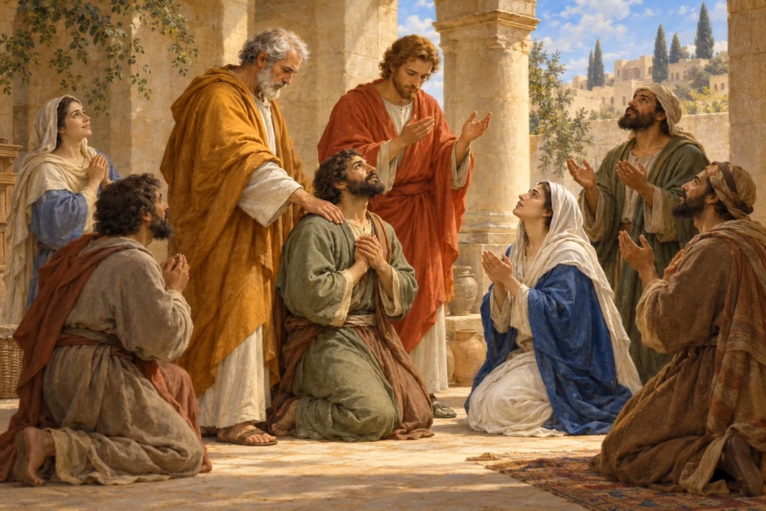 Peter and John pray with Samaritan believers gathered in a sunlit courtyard.
