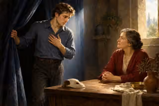 A remorseful young man emerges from a dark curtain with his hand over his chest as an older woman listens beside a table holding a pale mask.