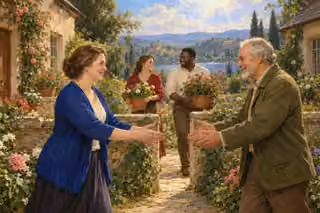 Two neighbors meet with open hands across a flower-filled garden lane while two others carry potted flowers through a gap in the wall.