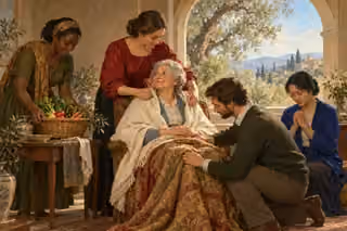 A family and friends care tenderly for an elderly widow, expressing prayer, humble service and transformed conduct.