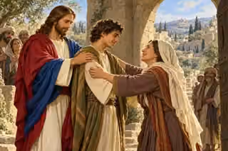 Jesus tenderly reunites a living son with his grateful mother at an ancient town gate.