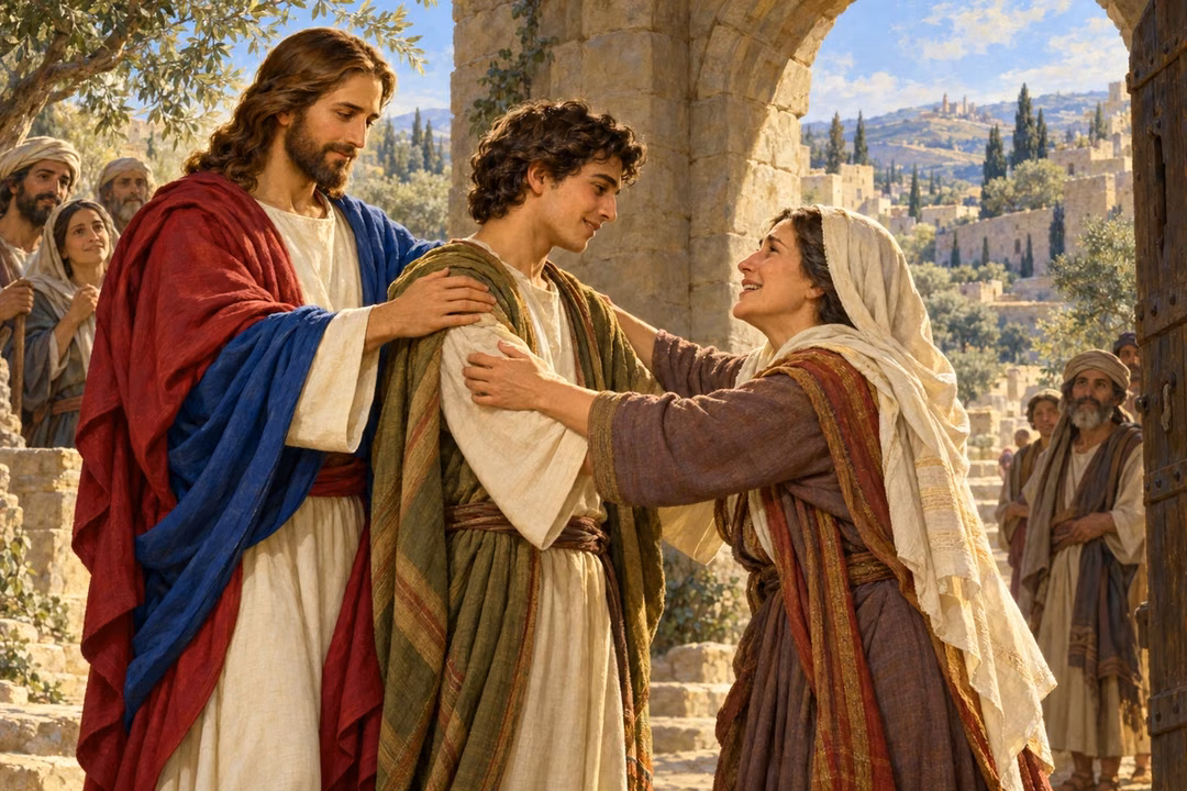 Jesus tenderly reunites a living son with his grateful mother at an ancient town gate.