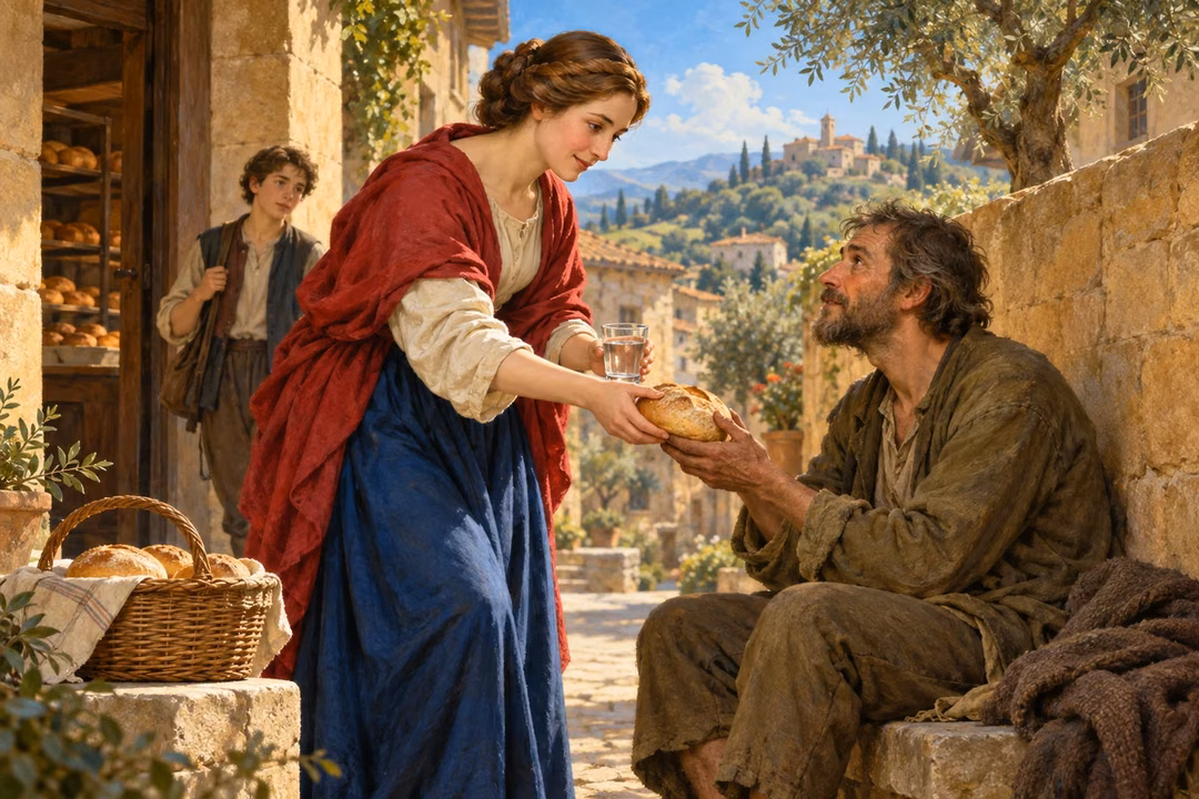 A woman offers bread and water to a weary man outside a village bakery.