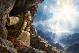 Moses shelters in a rocky cleft and looks reverently toward radiant white and cyan light over a rugged mountain valley.