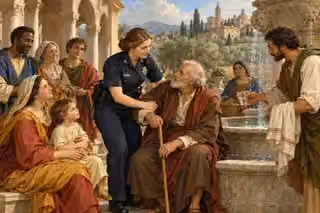 A police officer gently assists an elderly man amid a peaceful community beside a fountain.