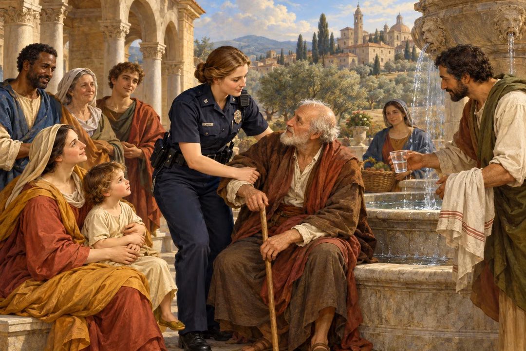 A police officer gently assists an elderly man amid a peaceful community beside a fountain.