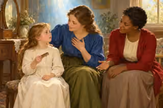 A worried little girl holding a comb is reassured by two caring women with different hair lengths, emphasizing purity and love within the heart.