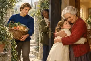 An elderly woman embraces a child at a welcoming doorway while a young man carries food and a teenage girl holds the door.