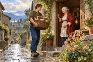 A young man fulfills a promise by carrying firewood to an elderly neighbor's home.