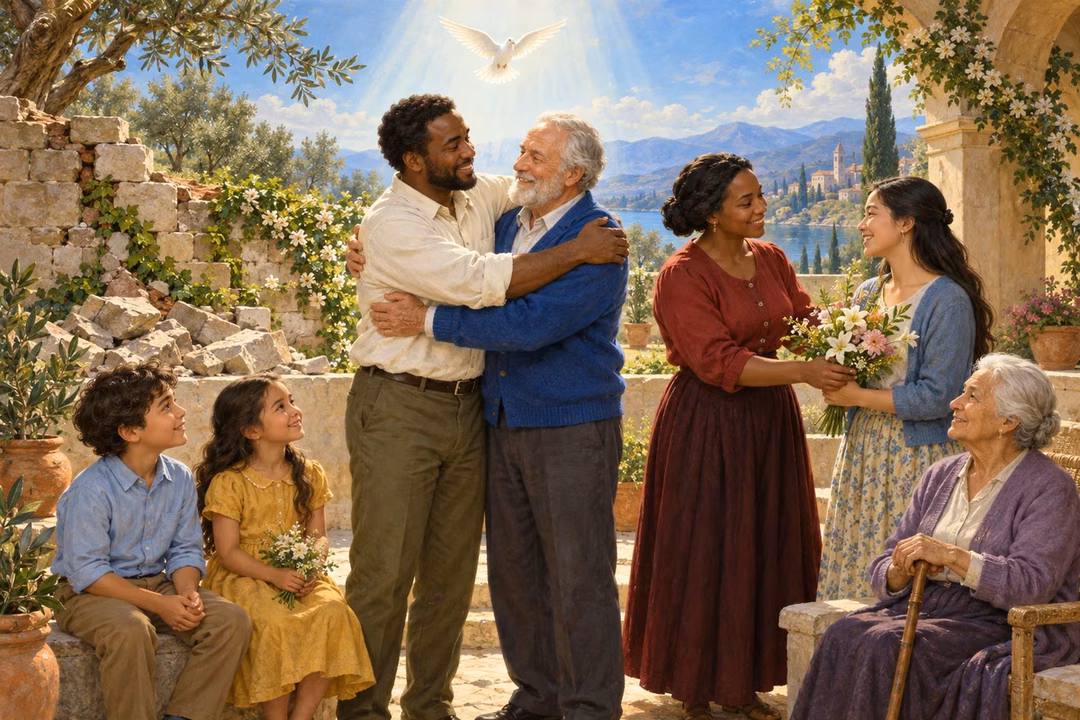 A diverse community welcomes and embraces one another beneath a dove and shared spiritual light.