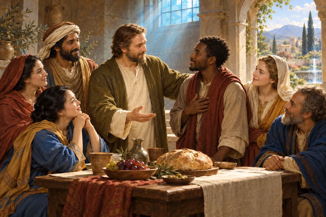 Neighbors welcome one another around bread in a sunlit hall.
