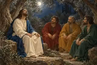 Raphael-inspired oil painting of Jesus looking upward in prayer while three seated disciples listen beneath moonlit olive trees.