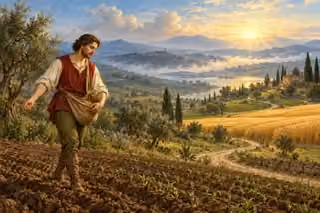 A farmer steadily sows a field beside a winding path toward a golden harvest.