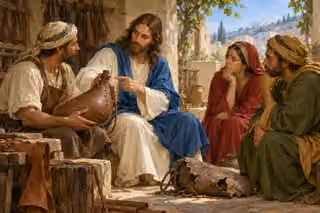 Oil painting of Jesus teaching beside a worker holding a supple new leather wineskin, with a cracked old wineskin lying on the courtyard ground.