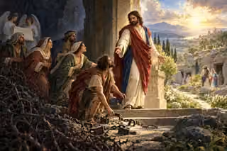Jesus invites repentant people away from thorns and broken shackles into a dawn garden, with ministering angels behind him and resurrection hope beyond.