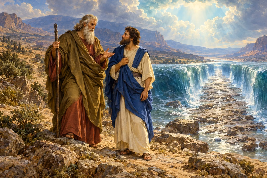 Elijah counsels Elisha beside the parted Jordan, with a luminous wilderness opening behind them.