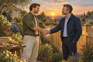 Two neighbors exchange a reconciliatory handshake beside a newly repaired garden fence as the sun sets, with tools resting safely on a bench.