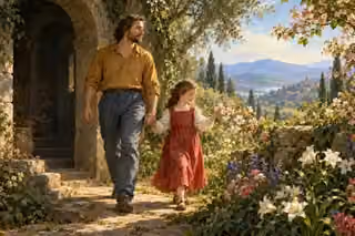 A father and daughter step from a shadowed stone doorway into a flowering garden, guided by soft morning light and a gentle breeze.