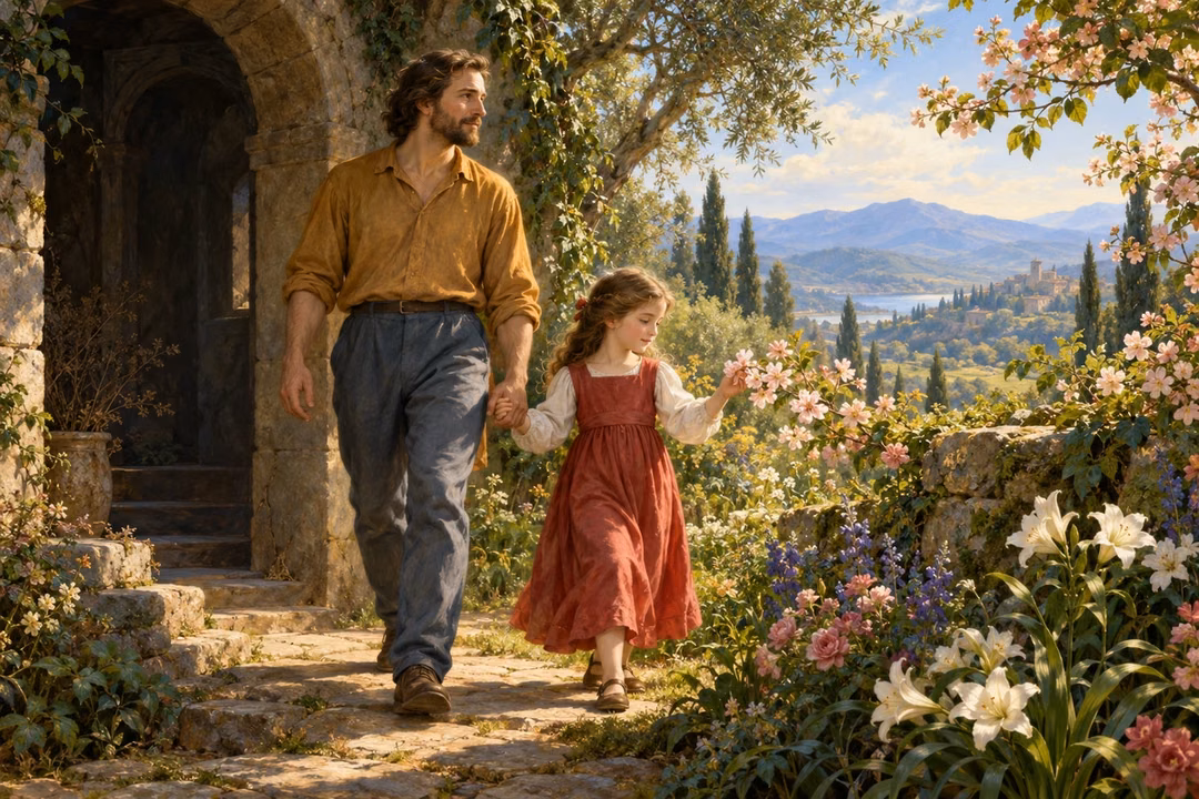 A father and daughter step from a shadowed stone doorway into a flowering garden, guided by soft morning light and a gentle breeze.