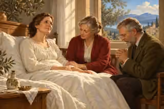Congregation elders pray beside a recovering woman in a sunlit room.