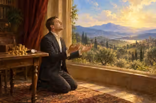 A suited man kneels with empty hands raised toward a luminous window, leaving gold coins and a watch on a table behind him.