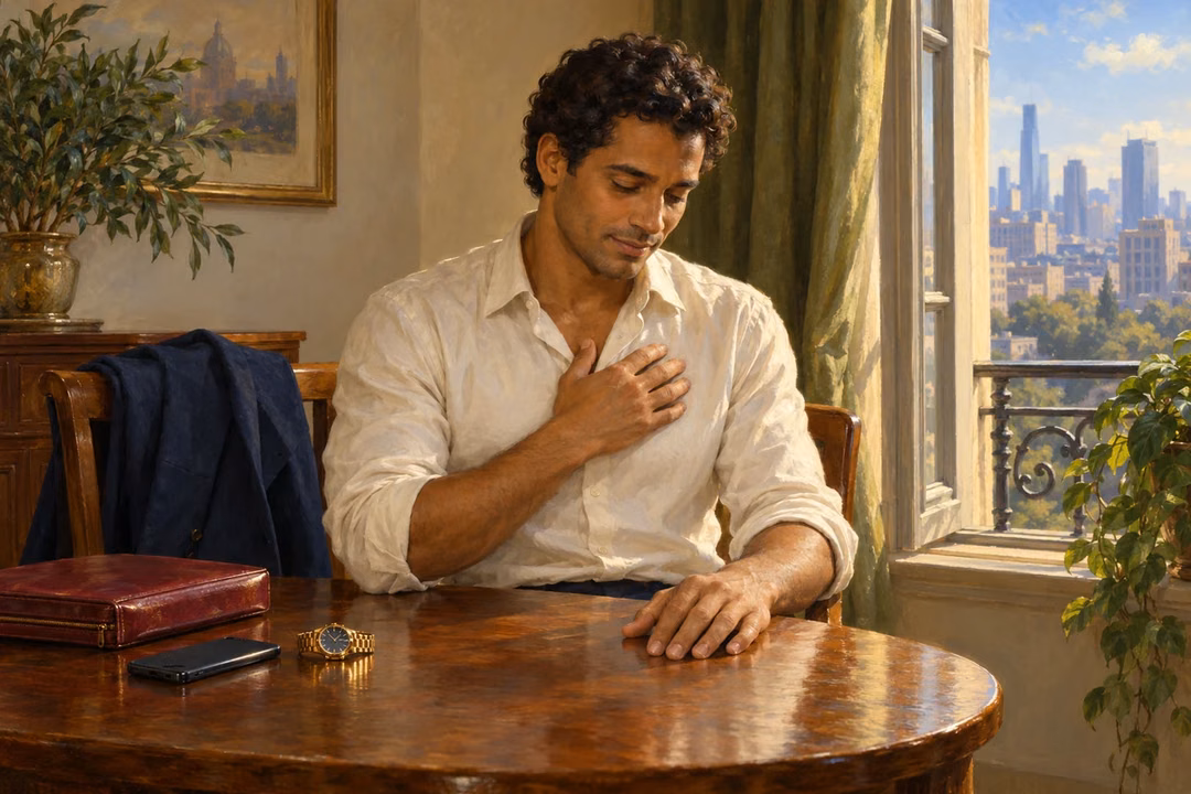 A Raphael-inspired painting of a contemporary man in an ivory shirt quietly reflecting with one hand over his heart, while a phone, gold watch and crimson case rest aside on the table beside an open window overlooking a modern city.