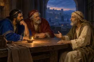A poor wise man in patched clothing quietly advises two city elders at a lamplit table, with walls and siege tents visible through an arch at dusk.