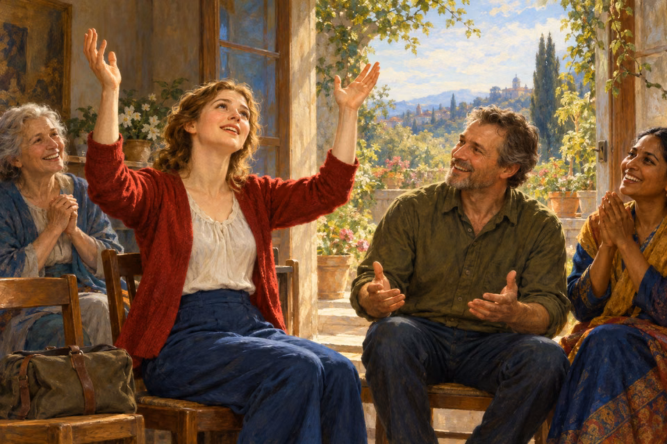 Painting of modern believers rejoicing together in a modest room, with a young woman raising both hands in heartfelt praise.