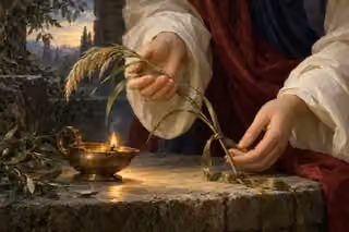 Gentle hands support a bent living reed beside an oil lamp whose small flame remains alight.