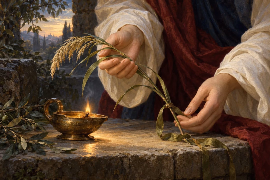 Gentle hands support a bent living reed beside an oil lamp whose small flame remains alight.