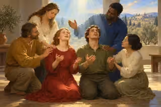 A young couple prays beneath gentle spiritual light as a caring fellowship surrounds them.