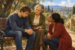 Two women gently comfort a bowed young man on a park bench, offering a hand on his shoulder and compassionate attention.