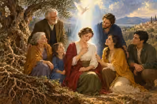 An earthly family gathers beneath an olive tree as a praying woman receives renewing Spirit light.