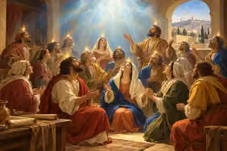 Pentecost believers receive one luminous Spirit together, showing new life and unity through Spirit baptism.