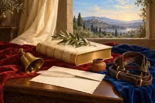 A closed scripture book, silent bell, resting quill and folded bridle lie beside an olive branch.