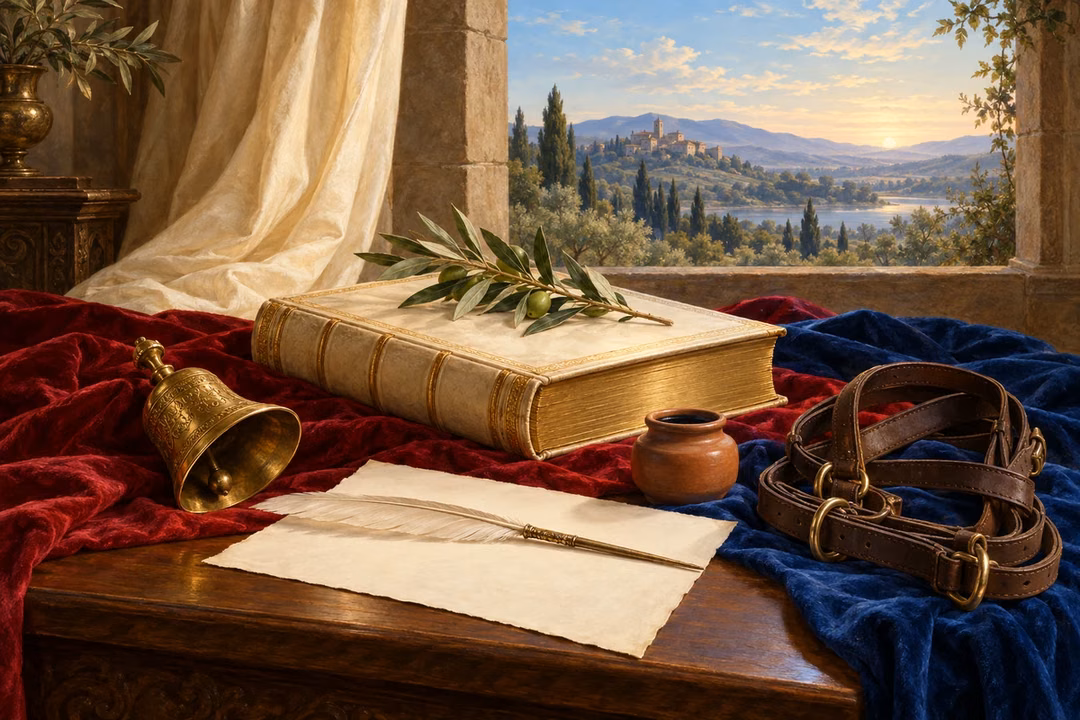 A closed scripture book, silent bell, resting quill and folded bridle lie beside an olive branch.