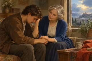 An older woman holds a grieving young man's hand and listens beside a window as the rain clears.