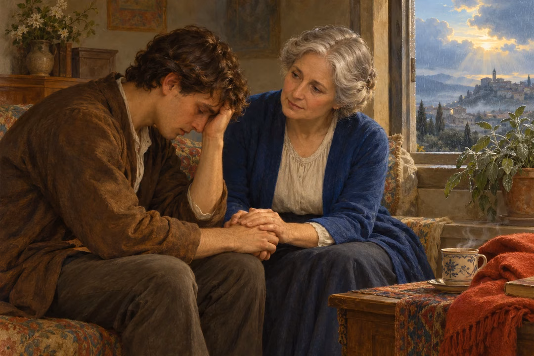 An older woman holds a grieving young man's hand and listens beside a window as the rain clears.